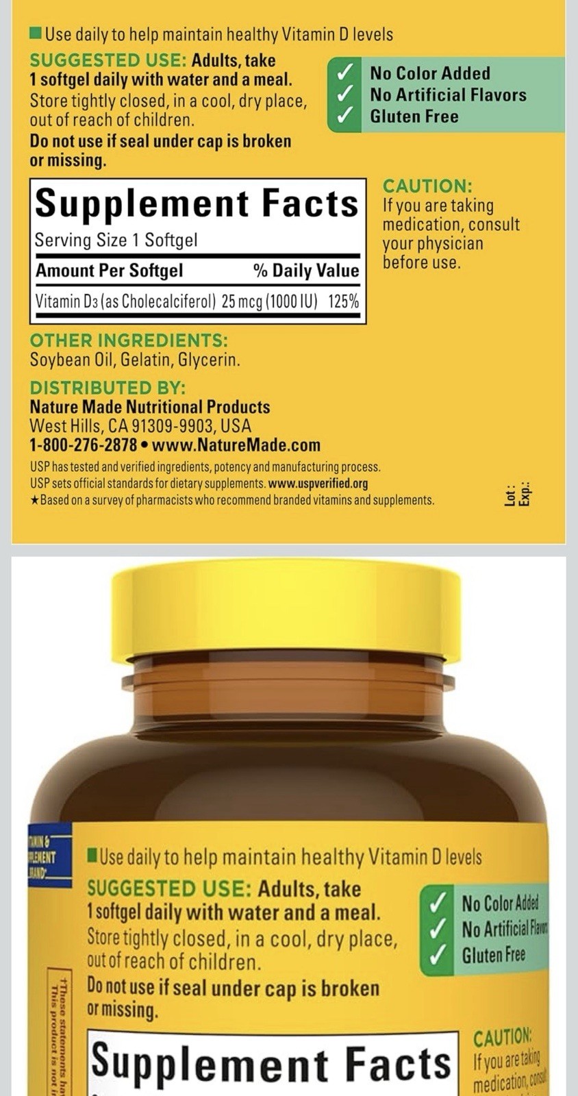 Nature Made Vitamin D3 1000 IU (25 mcg) 300 Softgels Gluten Free