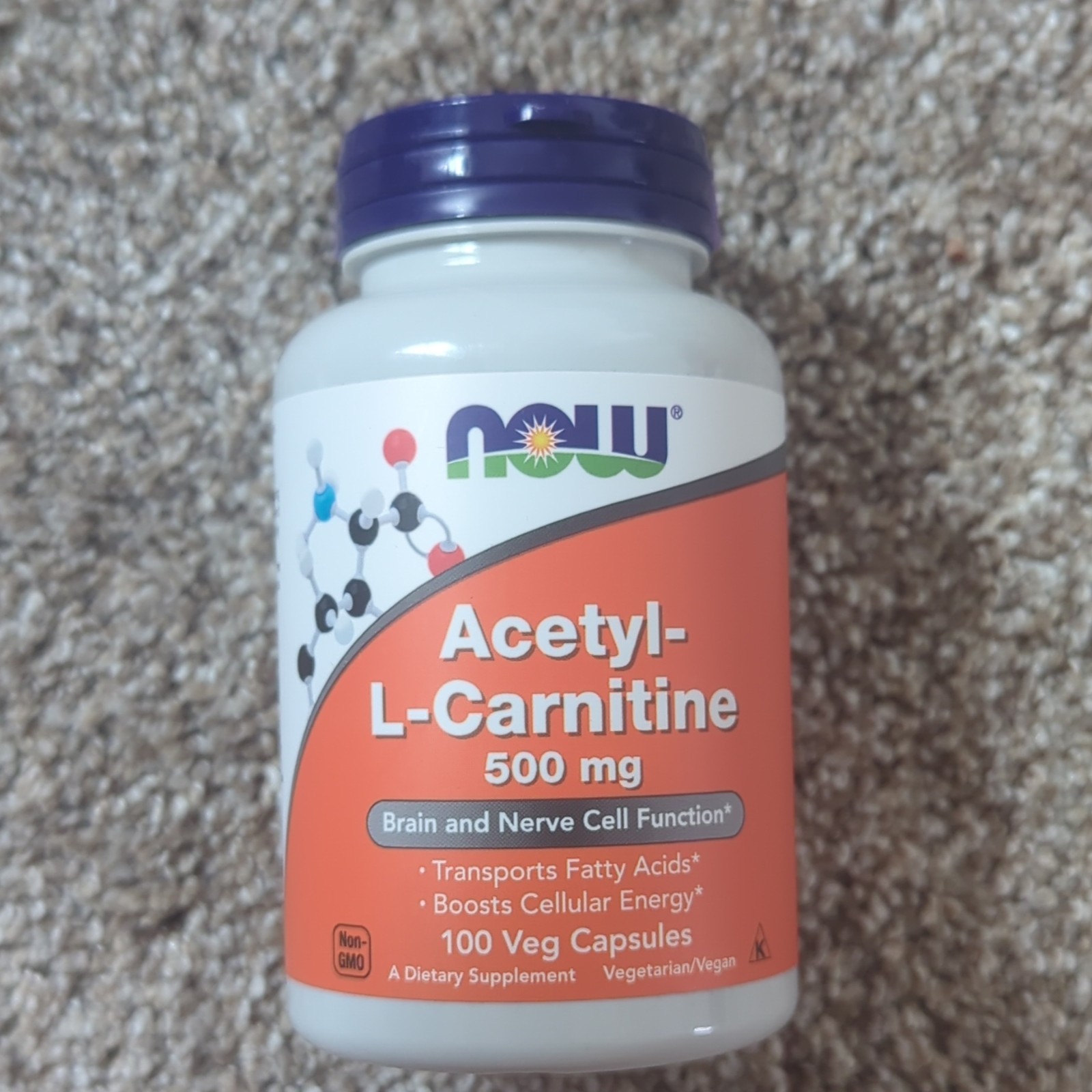 NOW Foods Acetyl-L-Carnitine 500mg Non-GMO Vegetarian Vegan 100 Veg Capsules