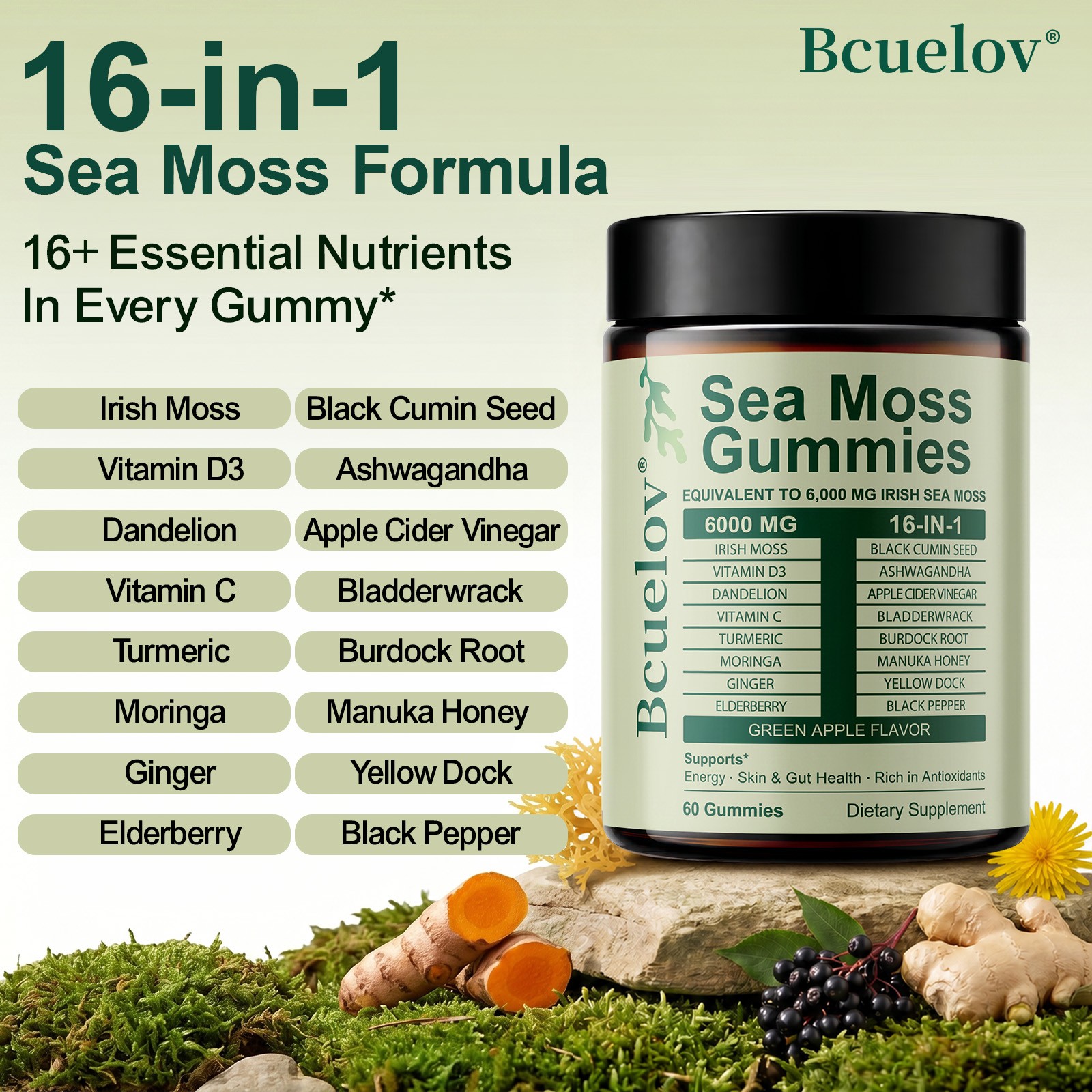6000mg Irish Sea Moss Gummies 16-in-1 Formula for Digestion Skin&Immunity 60 Pcs