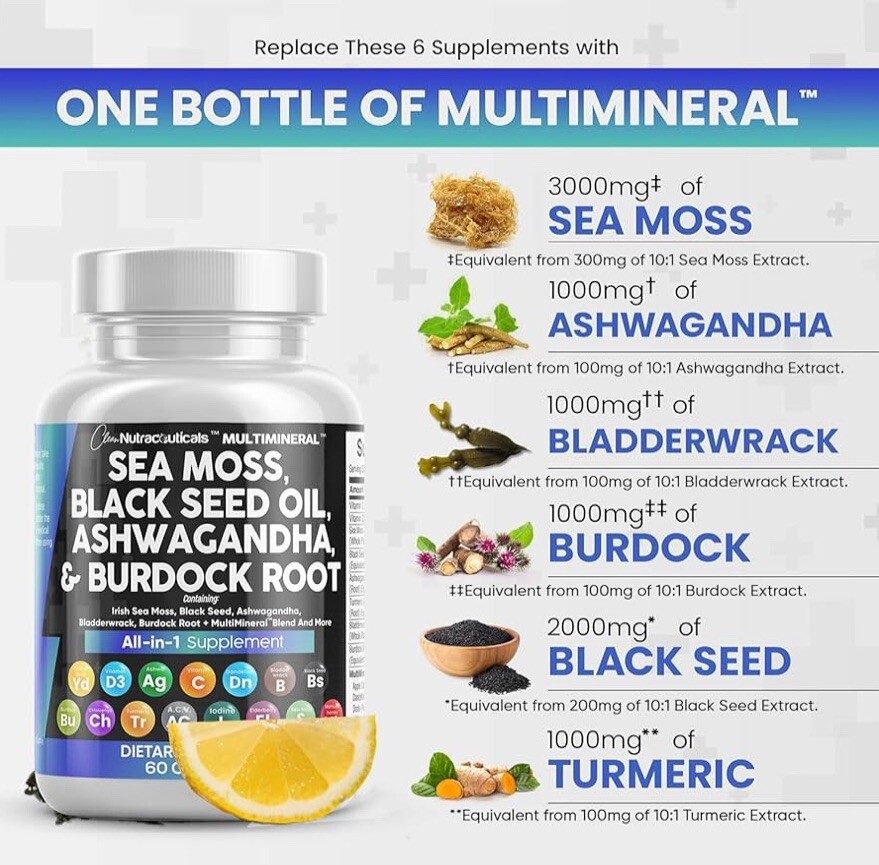 Sea Moss Black Seed Oil Ashwagandha Burdock Root Tumeric Bladderwrack