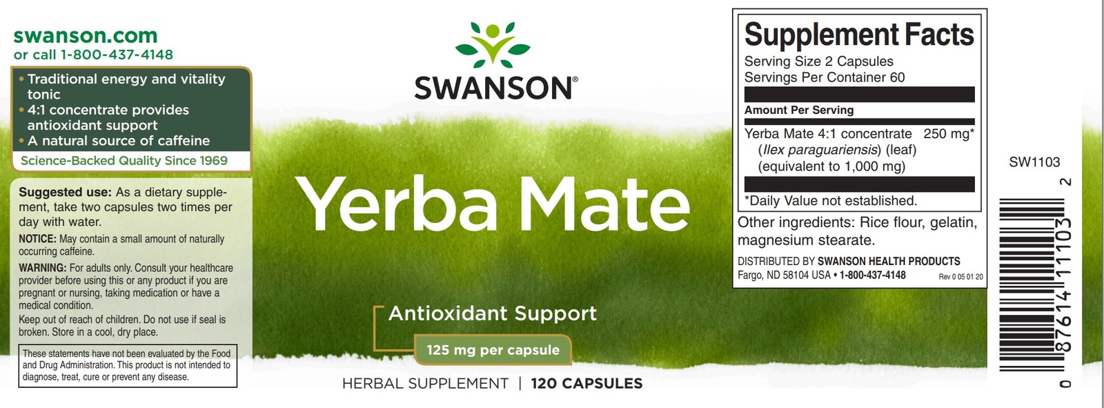 Swanson Yerba Mate 125mg 120 Capsules