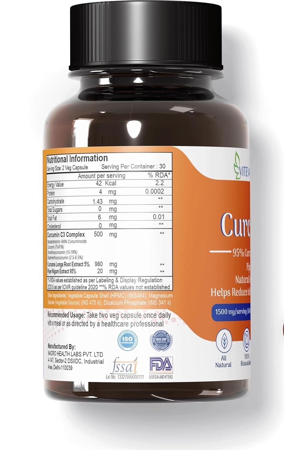 60 Capsules Curcumin 1500Mg Herbal Extract with BioPerine Turmeric Extract