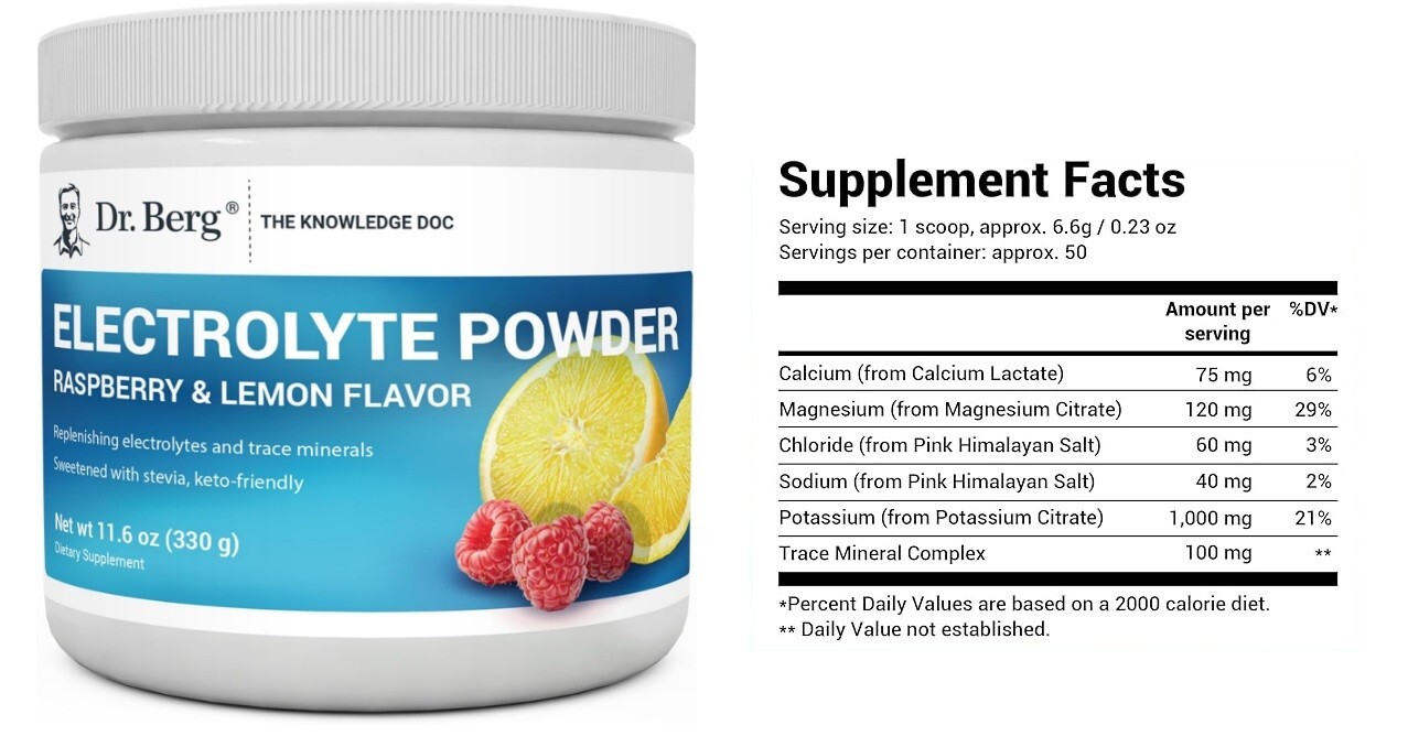 Dr Berg Electrolyte Powder Raspberry And Lemon Natural Flavor, 50 Servings