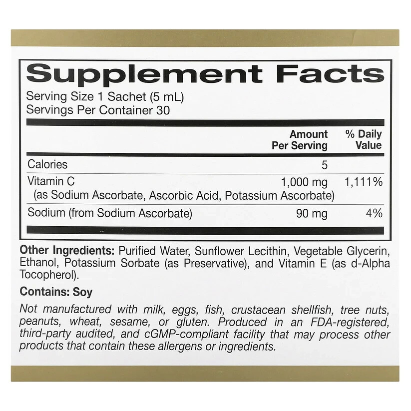 California Gold Nutrition Liposomal Liquid Vitamin C 1000mg 30 Sachets NEW