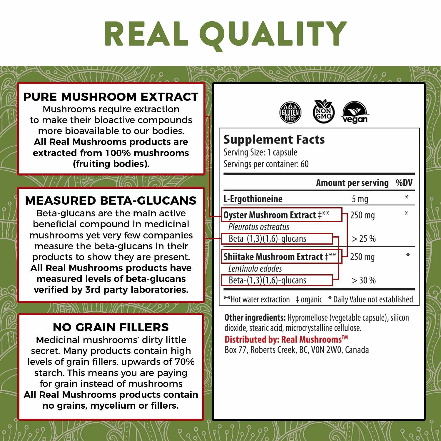 Real Mushrooms Organic Ergo+ Ergothioneine Antioxidant Pure Vegan 60 caps NEW