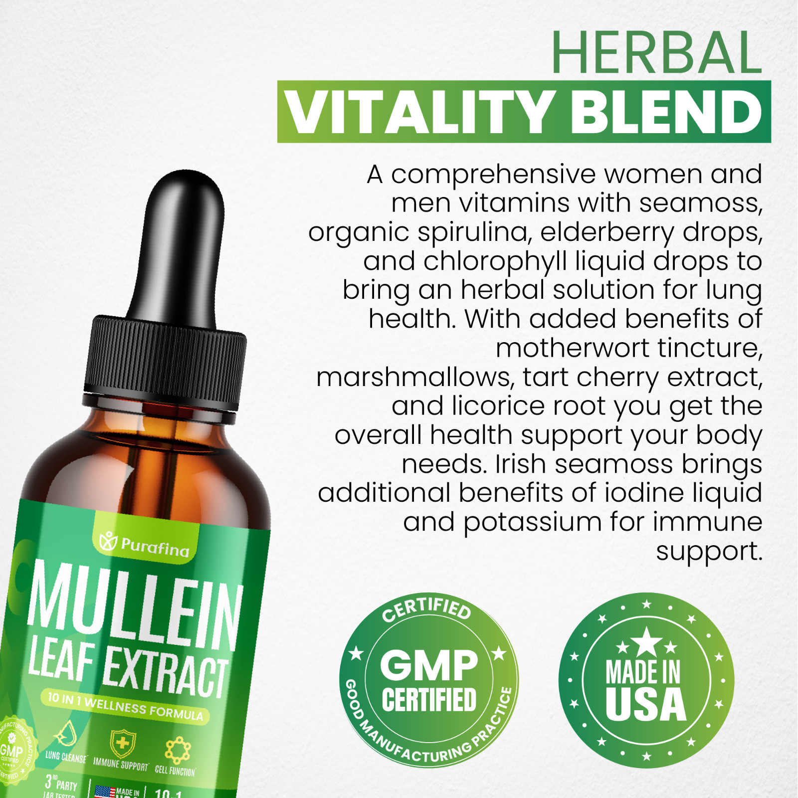 Mullein Leaf Drops For Lungs – 10 in 1 – Chlorophyll Sea Moss Elderberry (60ml)