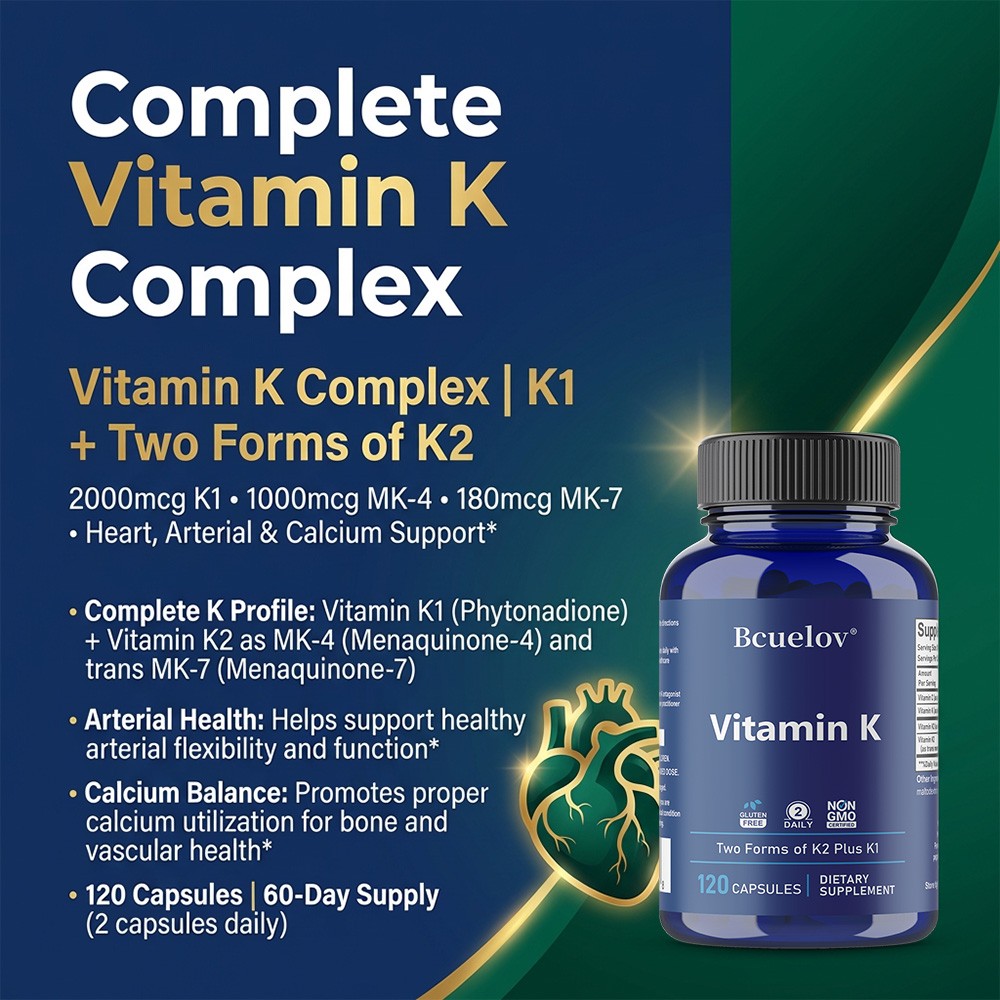 Vitamin K Complex-K1 +2K2 Forms for Calcium Balance,Vascular Health 30~120Caps