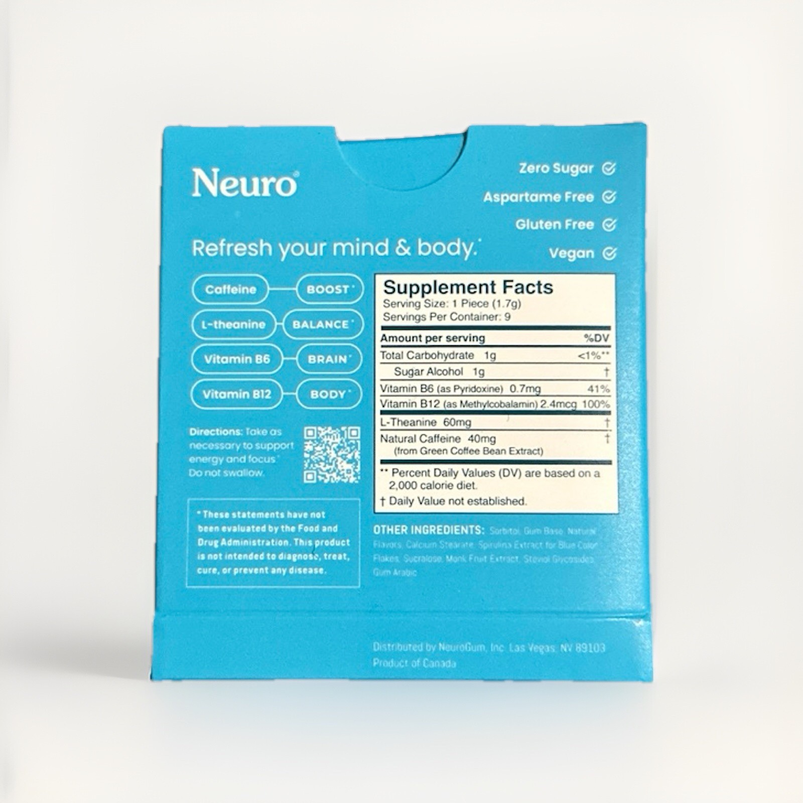 Neuro Gum L-theanine B-12 Nootropics Caffeine 1 Pack 9 pcs Boost Energy & Focus