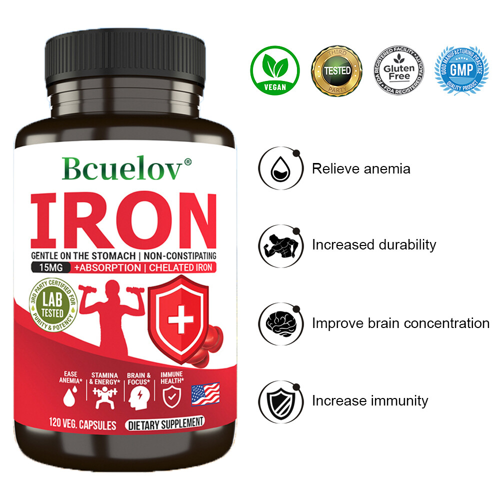 Iron 15mg Supplement – Chelated Gentler on Stomach Non Constipating