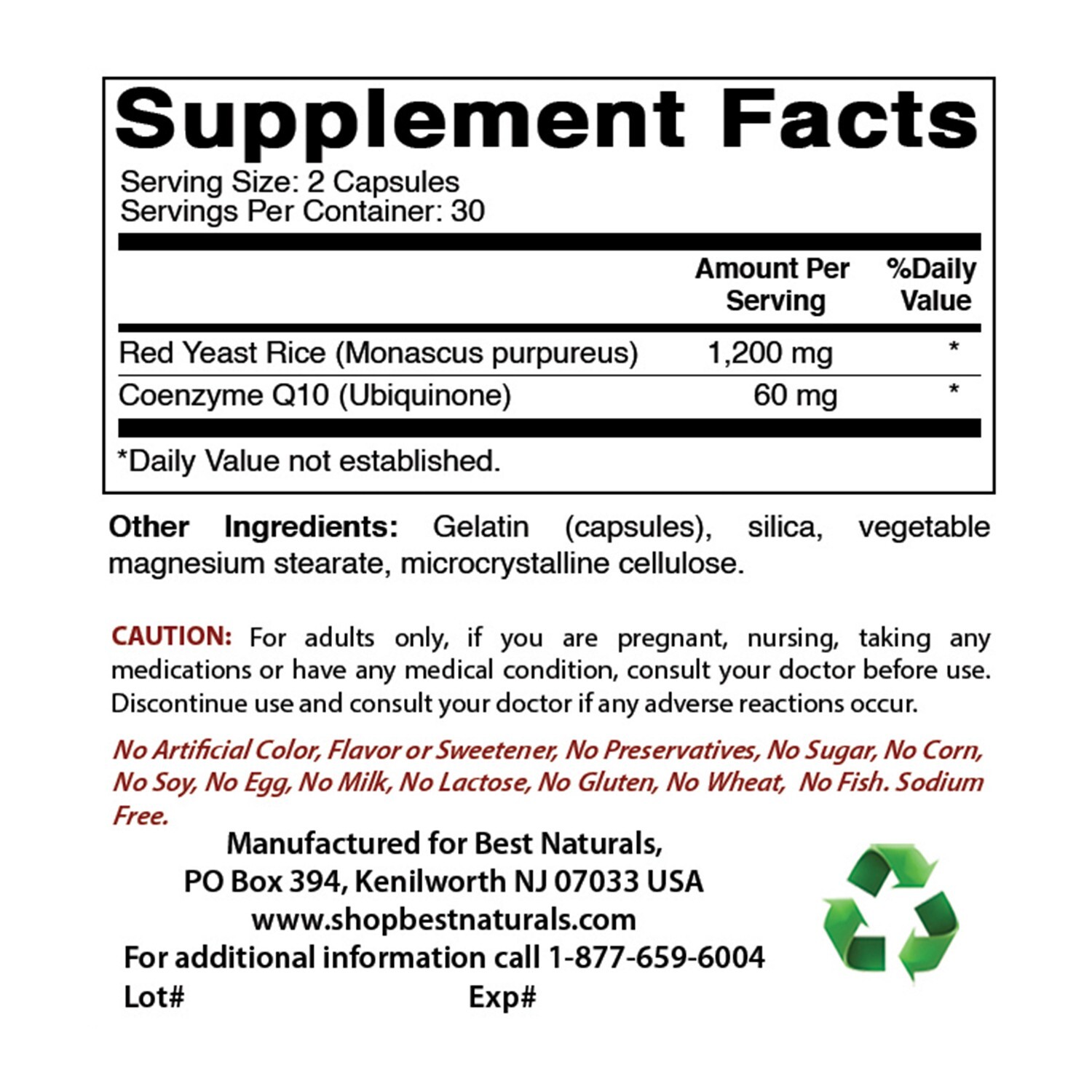 2 Pack Best Naturals Red Yeast Rice with COQ10 60 Capsules