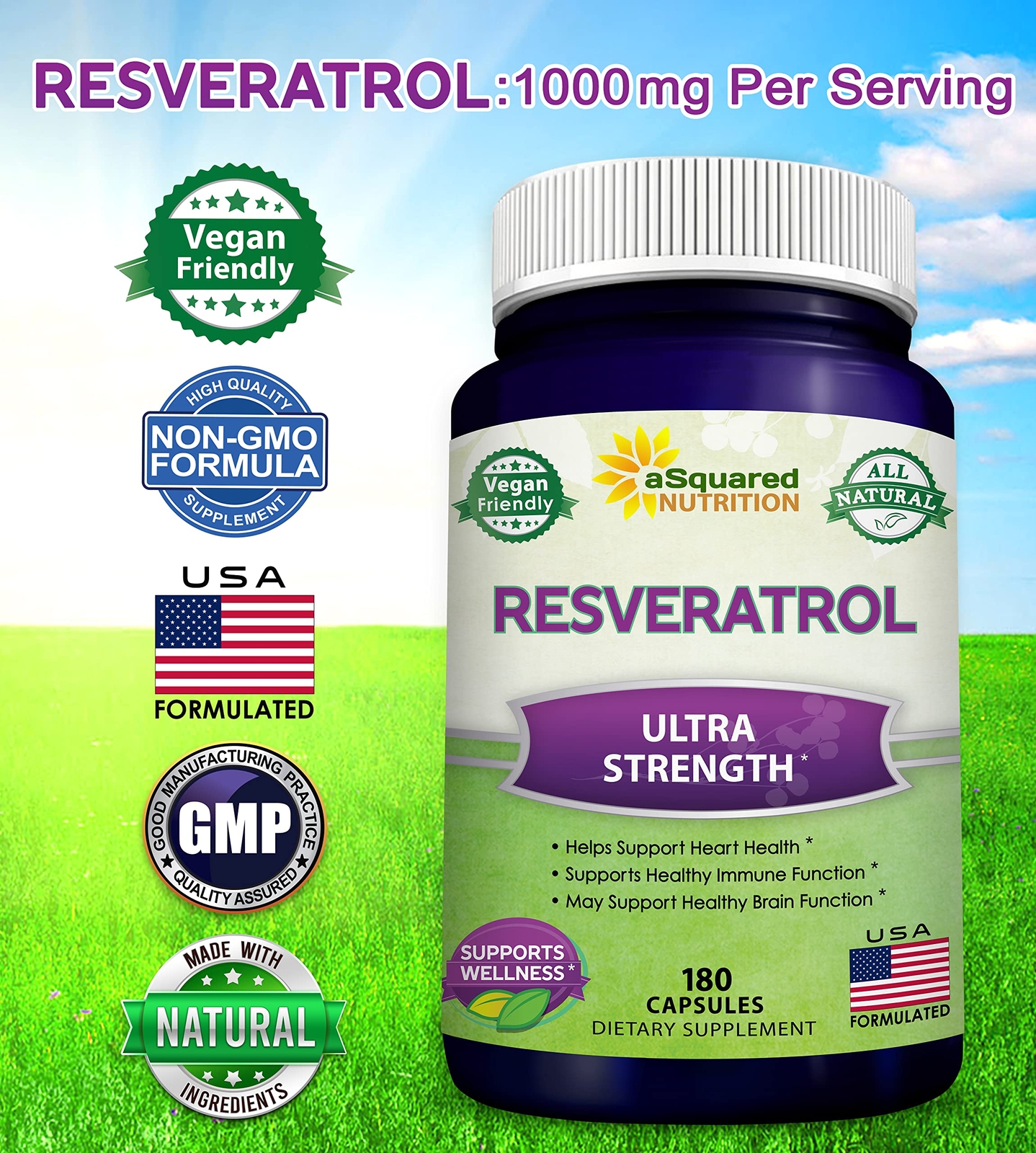 Max Strength Resveratrol 1000mg 180 Capsules Vegan Antioxidant Supplement