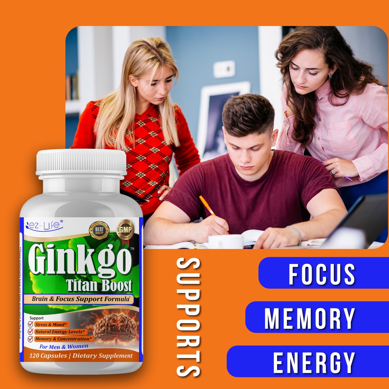Ginkgo Biloba Ginseng- Brain Focus, Memory Herbal Energy Supplement- 60 Caps