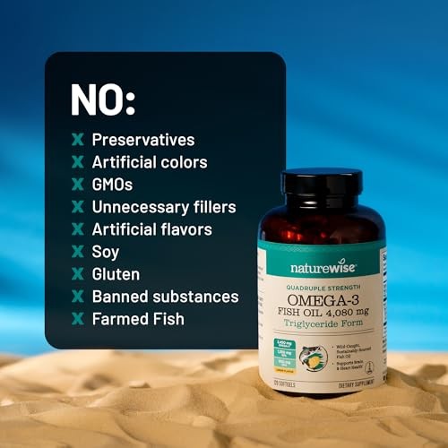 NatureWise Quad Strength Omega-3 Fish Oil 4080mg TG Form Wild Caught Burpless