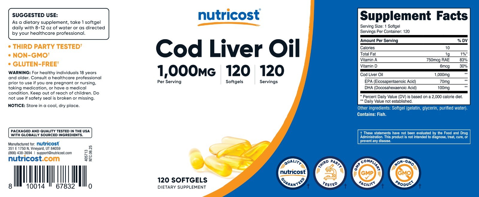 Nutricost Cod Liver Oil Capsules 1000mg, 120 Softgels – Non-GMO & Gluten Free