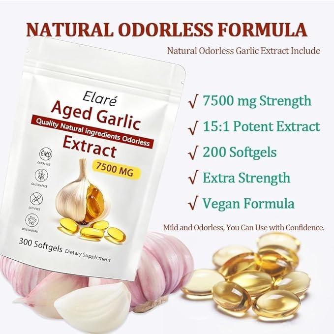 1-3Pack Elare Aged Garlic Extract, 300 Softgels, 7500mg Odorless Heart & Immune