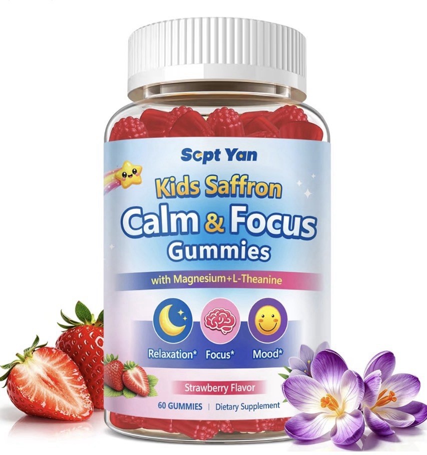 Scpt Yan Kids Saffron Calm & Focus Gummies Strawberry 60 Count Sugar-Free Vegan