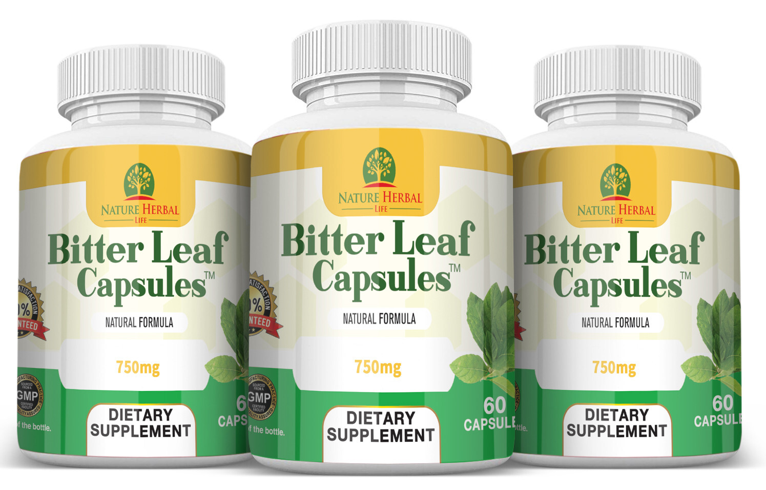 Nature Herbal Life Bitter Leaf Capsules. 750 mg. 3 Bottles. 180 Capsules.