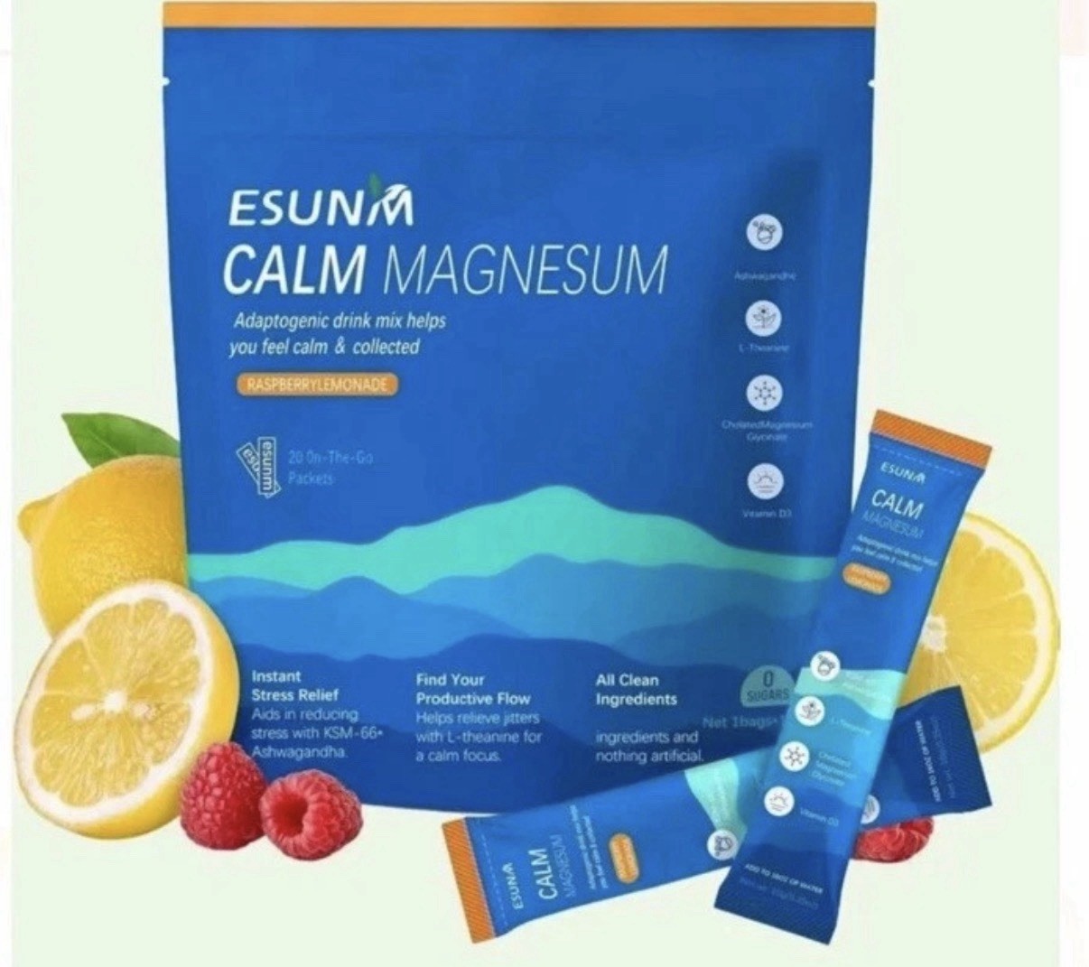 New ESUNM Calm Magnesium Raspberry Lemonade Drink Mix Stress Relief 20 Packets