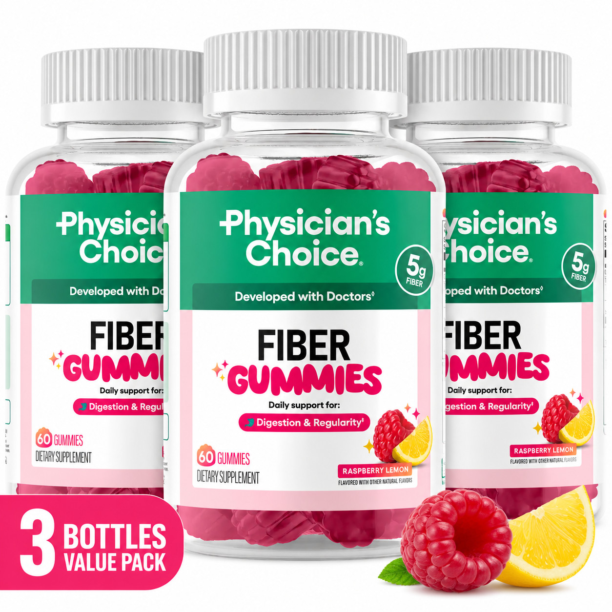 3 Pack Daily Fiber Gummies Raspberry Lemon Prebiotic Dietary Supplement