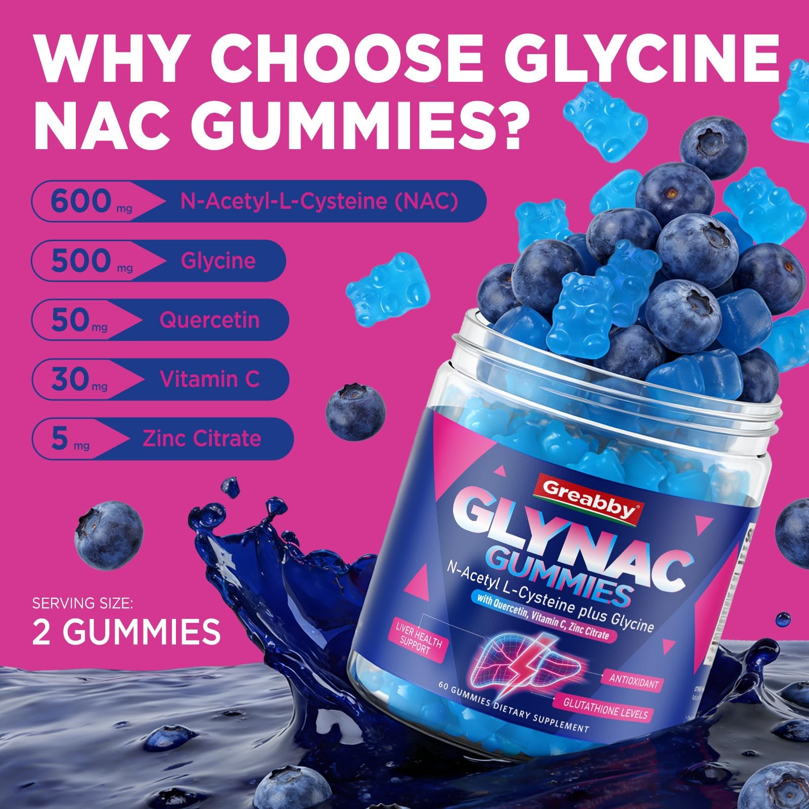 GREABBY Glynac Gummies, Glycine & N-Acetyl Cysteine 60 Count (Pack of 1)