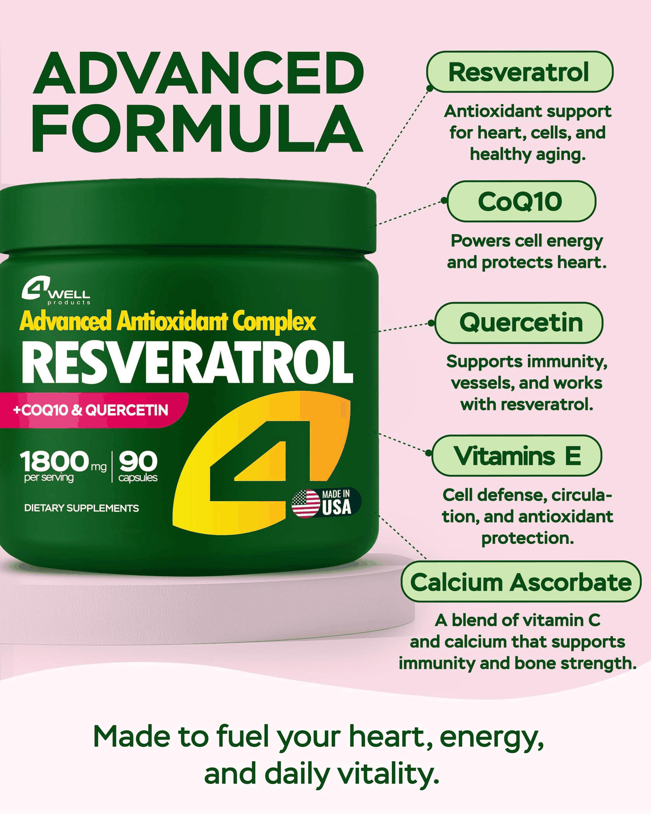 Resveratrol Supplement 1800mg Complex COQ10 Quercetin Vitamin E Calcium