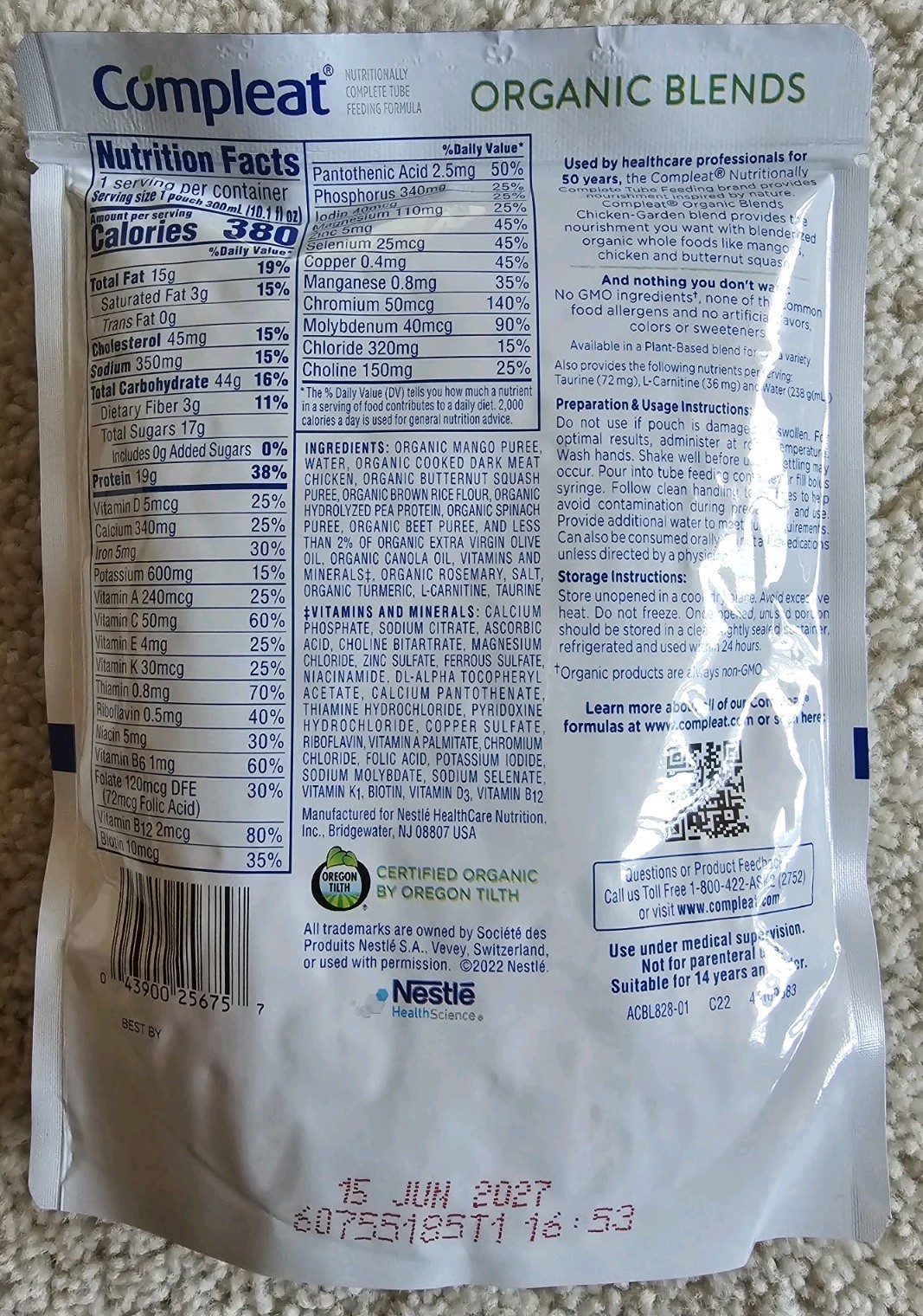 (18) Compleat Organic Blends Tube Feeding 10.1 oz Plant-Based & Chicken-Garden