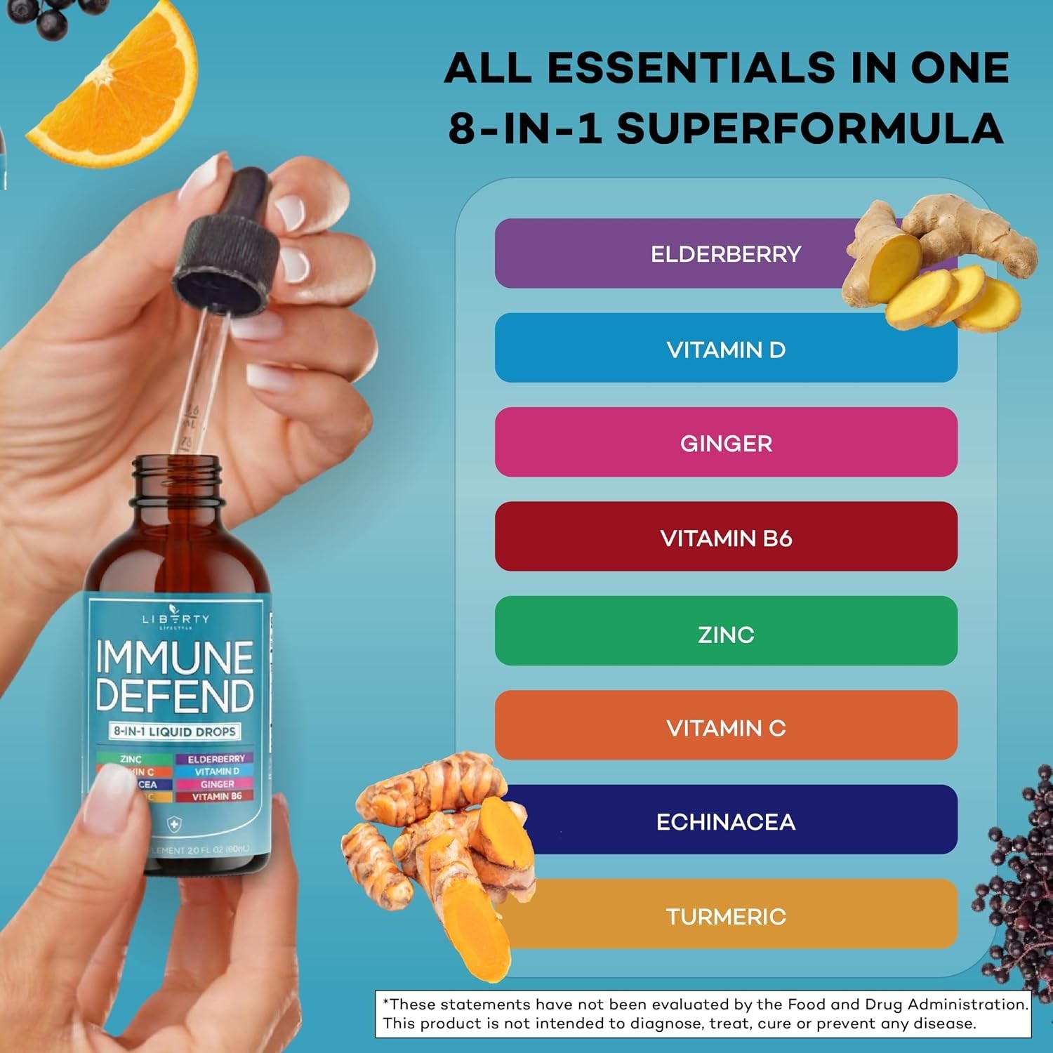 Immune Defend 8-in-1 Liquid Drops, Elderberry Turmeric Zinc, Vitamin C & D, 60mL