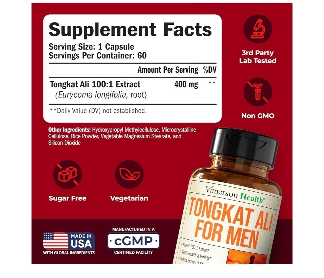 Vimerson Tongkat Al 2 Bottles 400mg 60 Vegan Capsules each 120 total caps -RK8