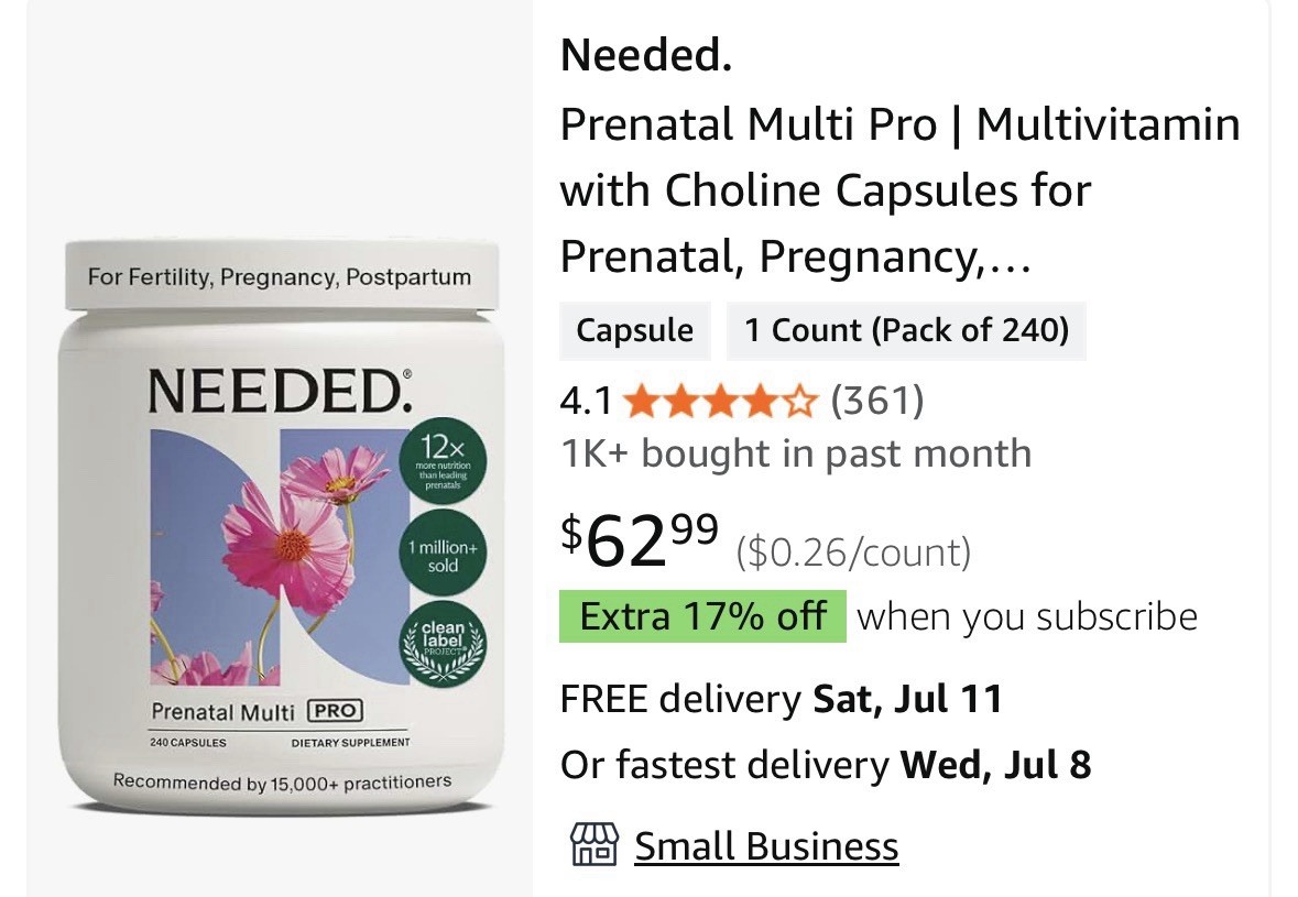 Needed Prenatal Multi Pro Multivitamin w/ Choline Capsules 240