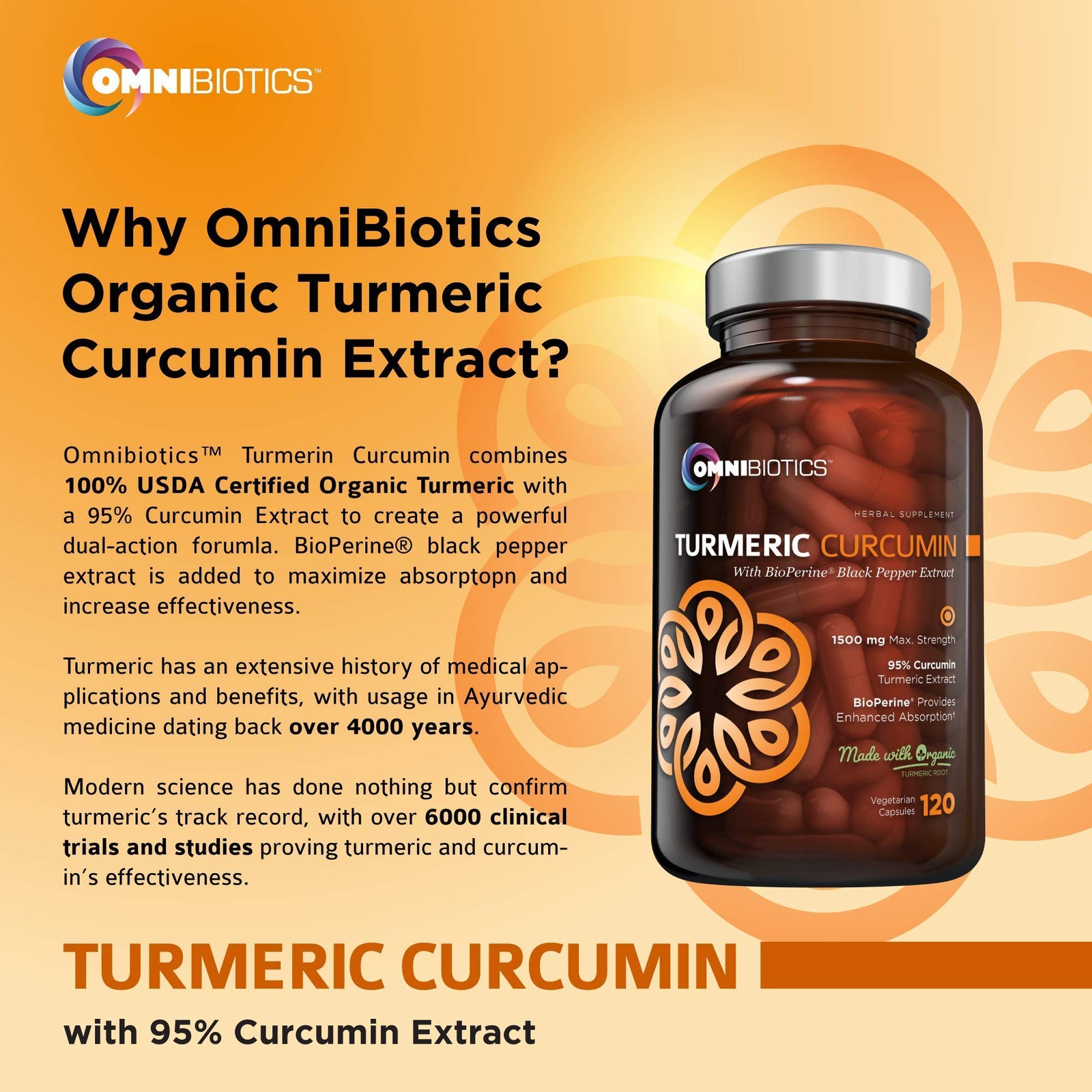 OmniBiotics Organic Turmeric Curcumin Supplement with 120 Count (Pack of 1)