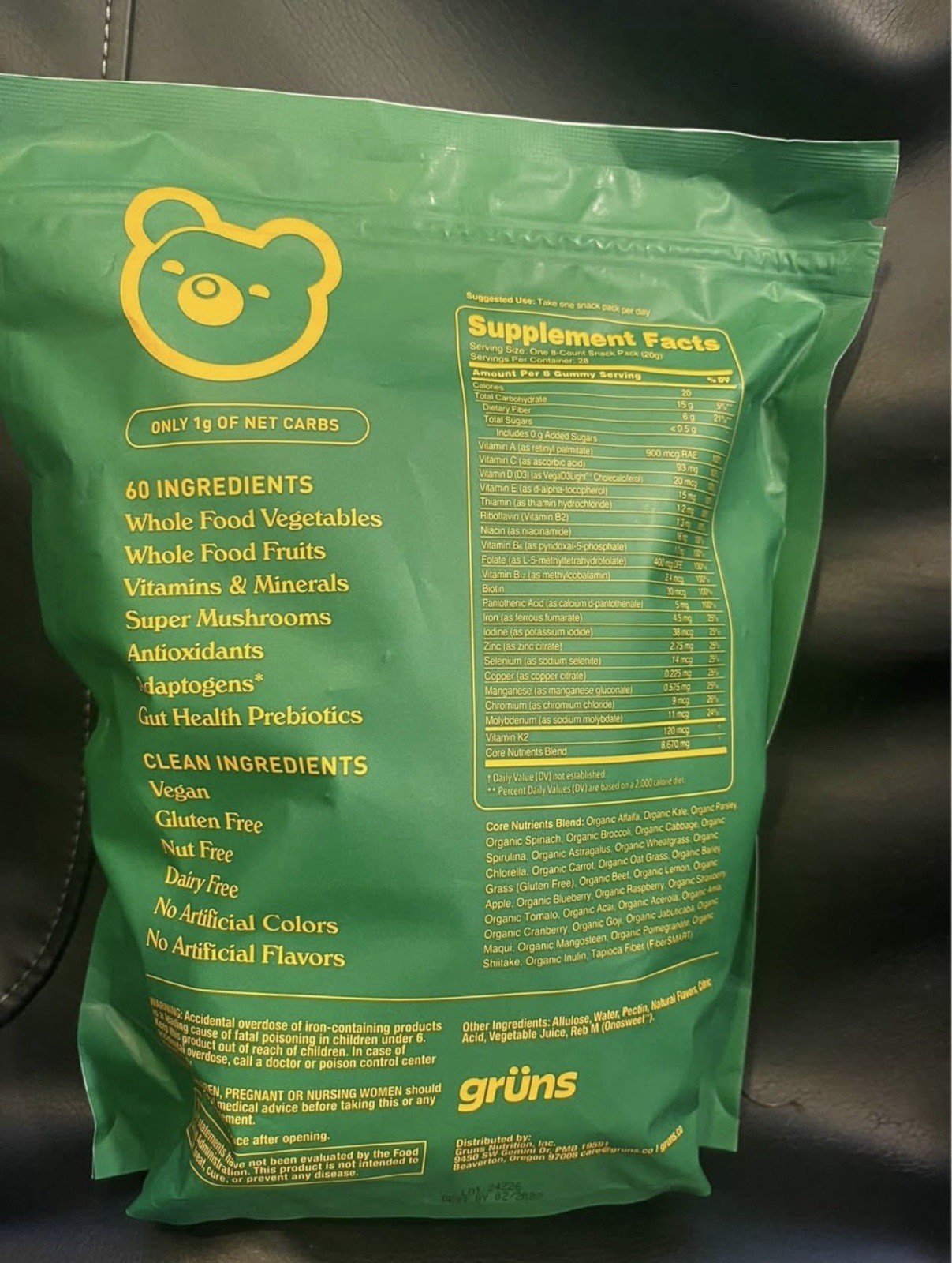 grüns Sugar-Free Greens Gummies 224 (28 Daily Packs) Vegan Gluten Free