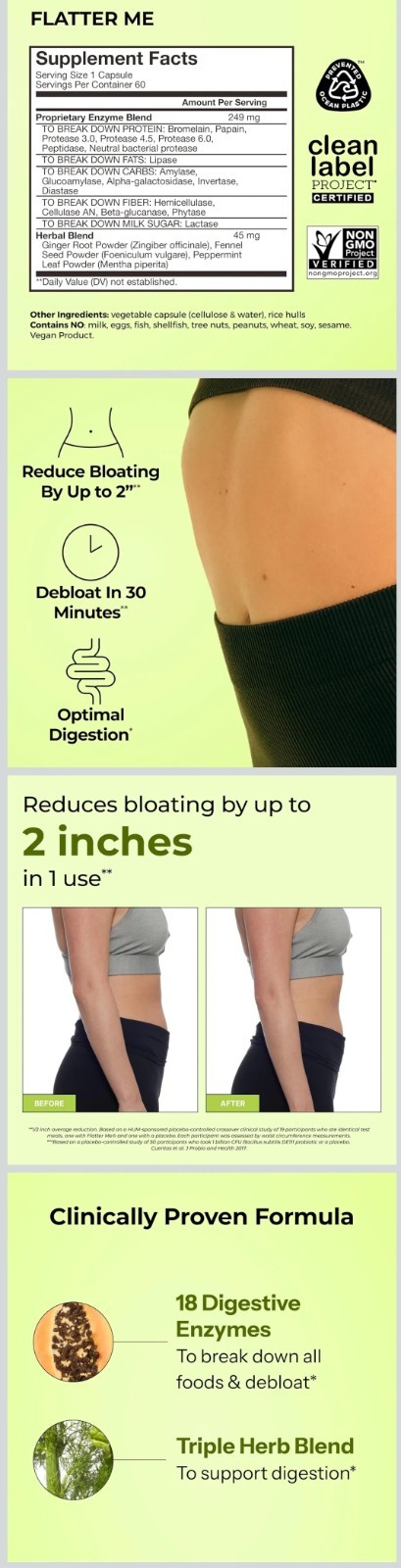 2 X HUM Flatter Me Debloat Digestive Support Vegan Non-GMO Gluten-Free 120 Caps