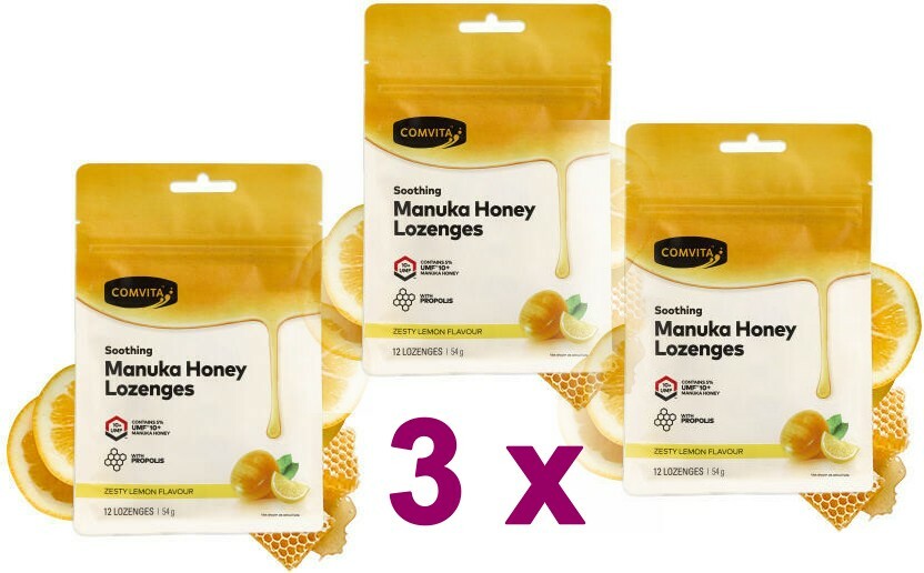 3 x Comvita Manuka Honey & Propolis 12 Lozenges Zesty Lemon (total 36)