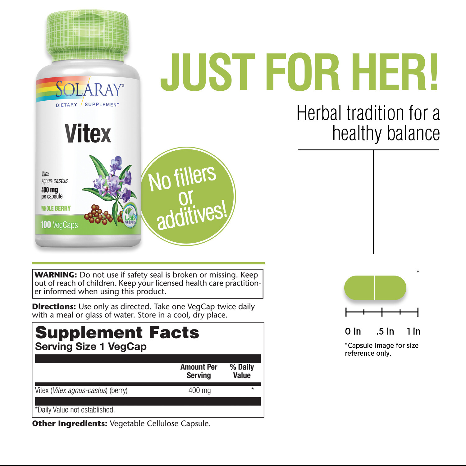 Solaray Vitex Berry 400mg | Women’s Healthy Hormone Balance Formula | 100ct