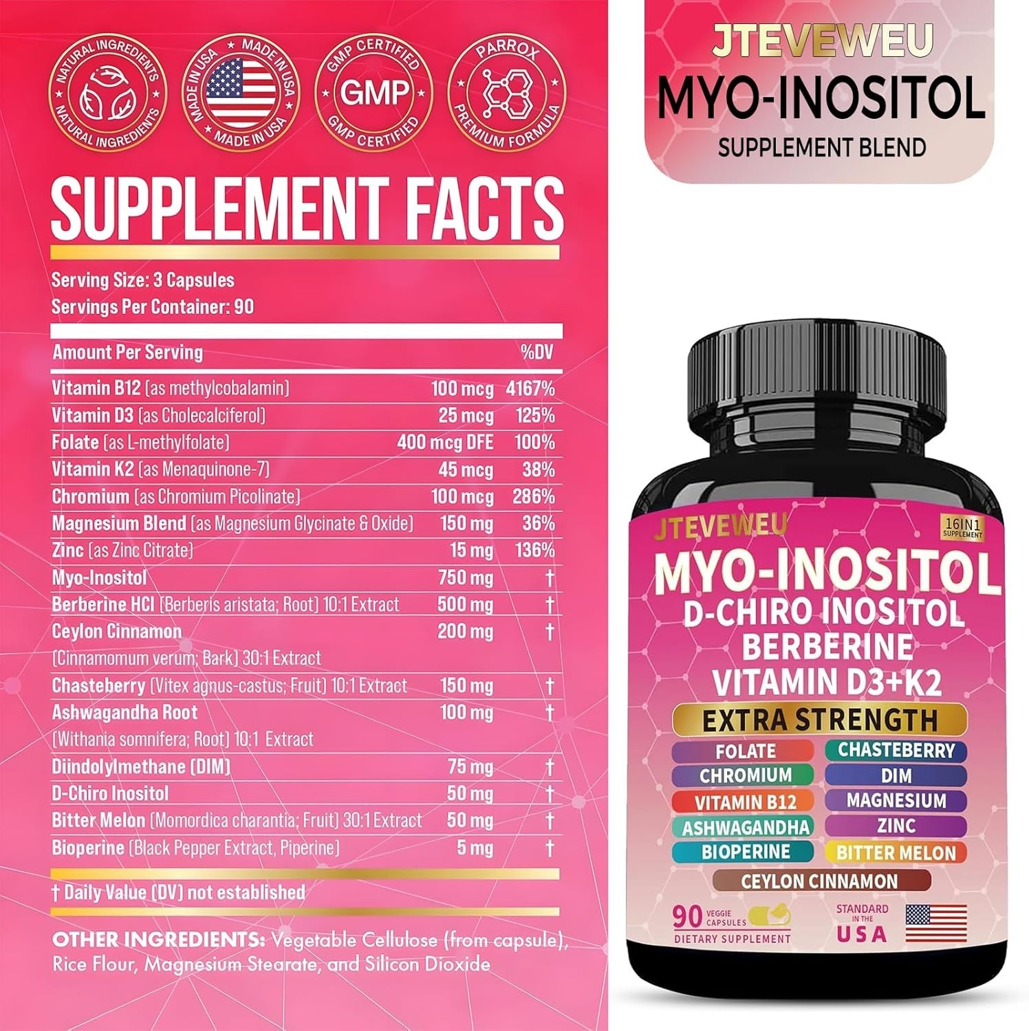 (2 Pack) Myo Inositol 16-in-1 Supplement w/ D-Chiro Inositol, Folate, Vitamin D