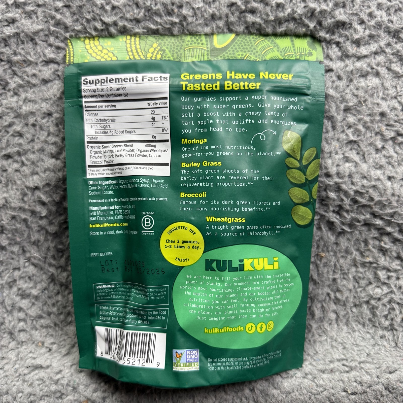 Kuli Kuli Moringa & Super Greens Gummies 60 Ct 30 Servings Green Apple Energy