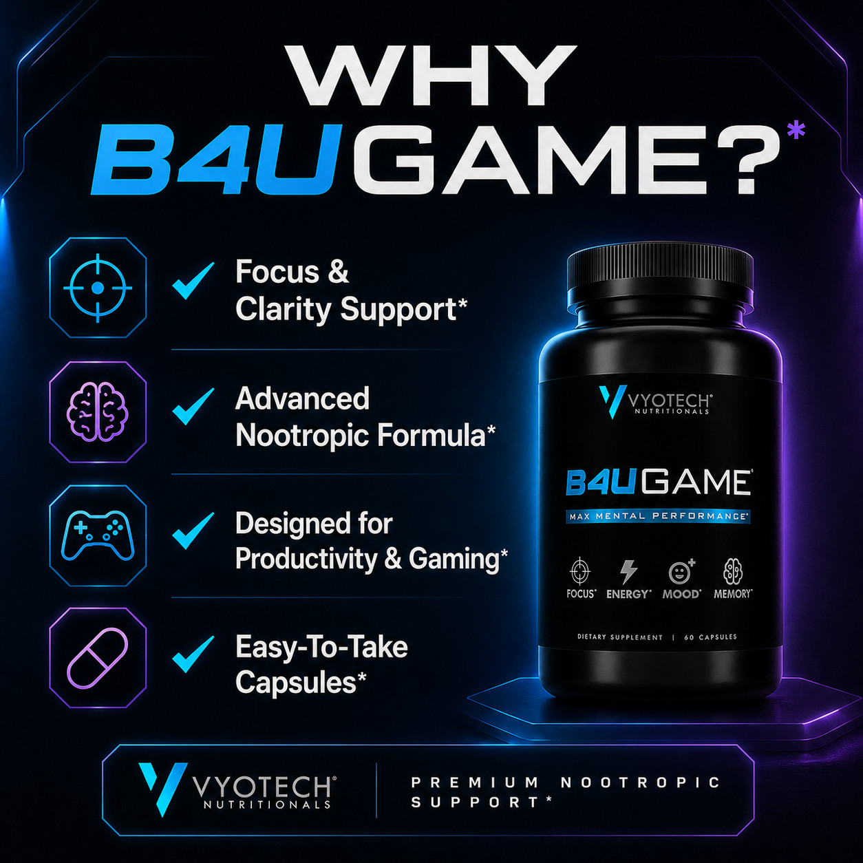 B4UGAME Vyotech Nootropic Brain Booster Supplements Max Mental Performance 3 Bt