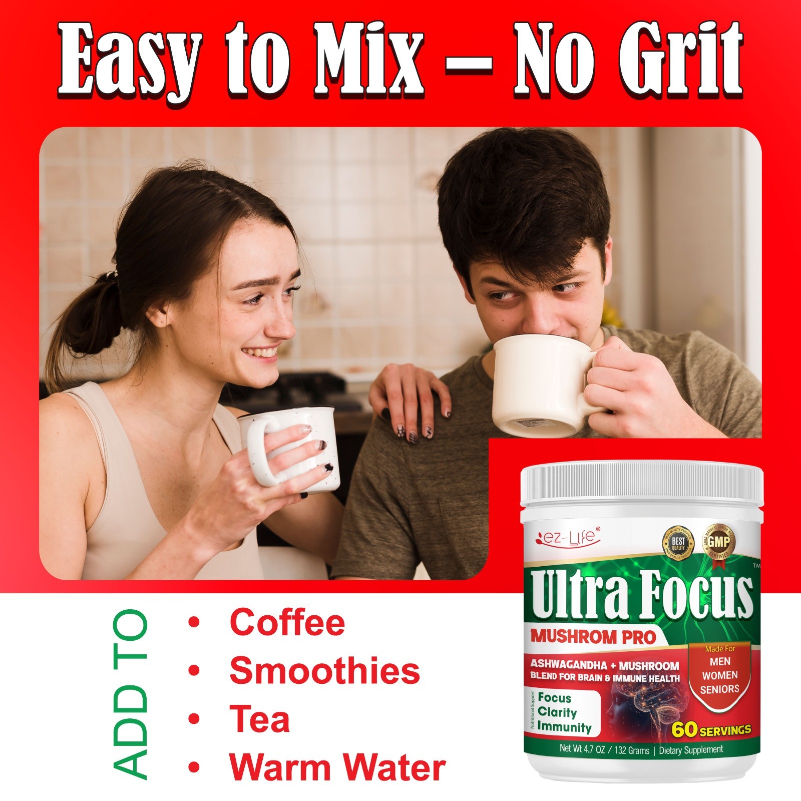 Organic Mushroom Powder For Energy, Focus & Immunity, Drink Mix- 60 Servings