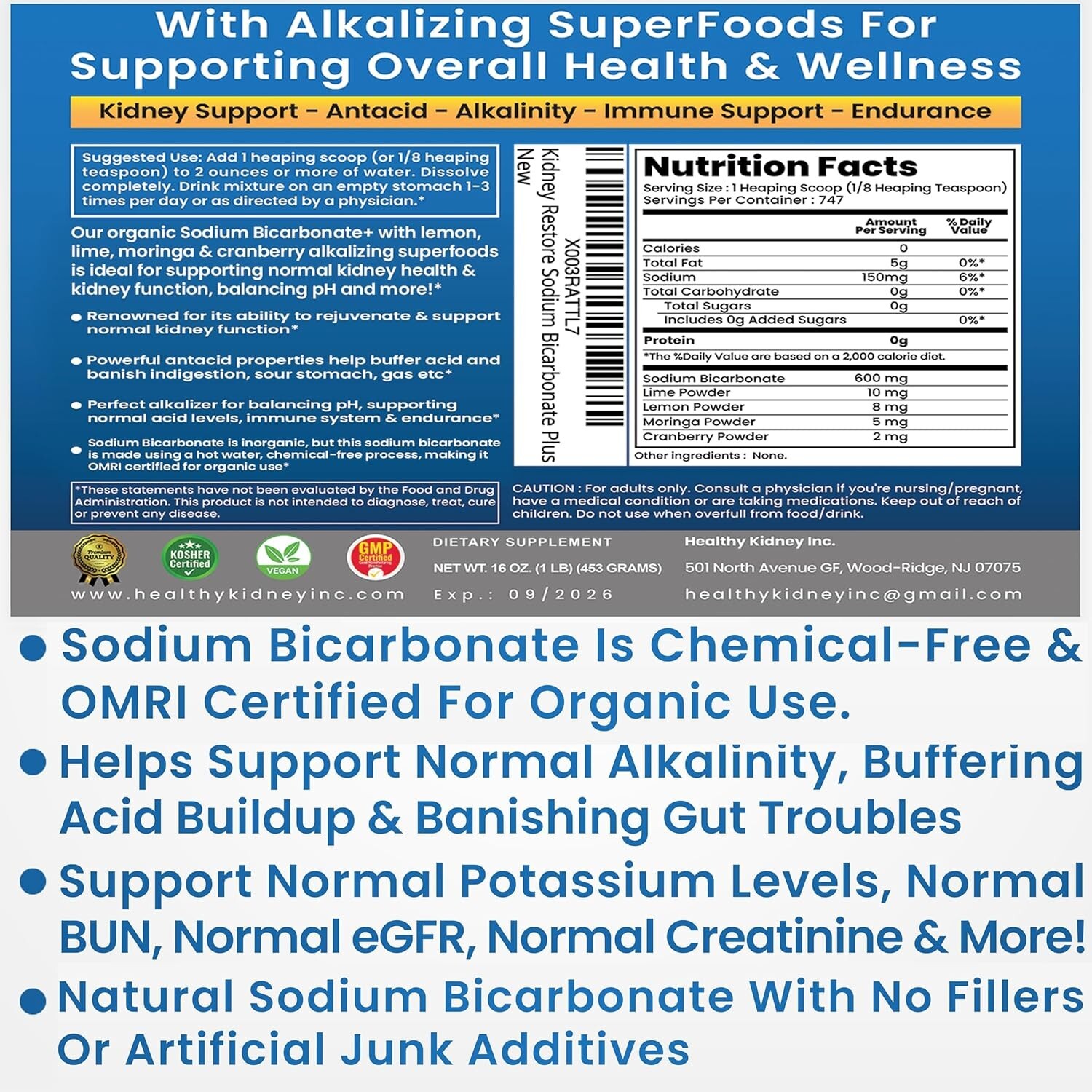 Organic Use Sodium Bicarbonate Alkaline Supplement Kidneys Stomach Powder 1LB