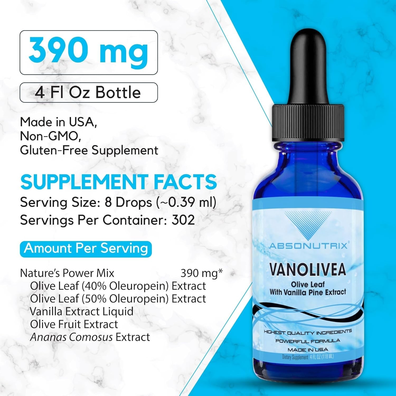 VanOlivea Olive Leaf Extract Liquid 302 Servings Plant Based Non GMO Made in USA