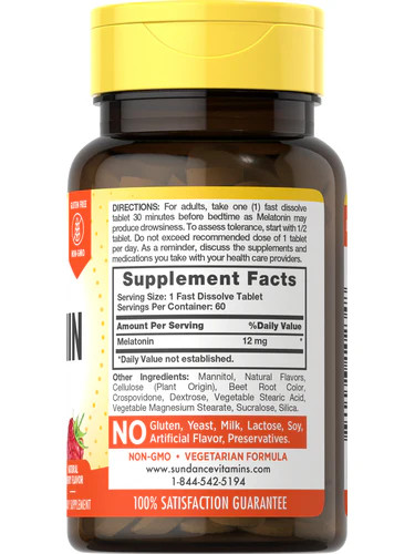 Sundance Max Melatonin 12 mg Tablets Natural Berry Flavor 60 Count
