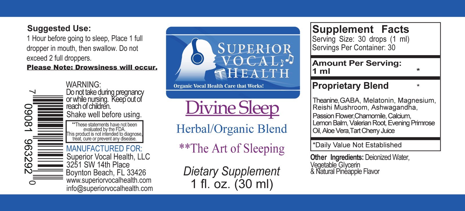 Superior Vocal Health DIVINE SLEEP Herbal/Organic Sleep System for Singers