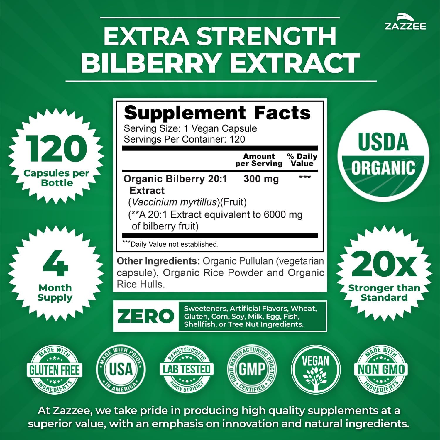 USDA Organic Bilberry 20:1 Extract, 120 Vegan Capsules, 4 Month Supply, Vacci…
