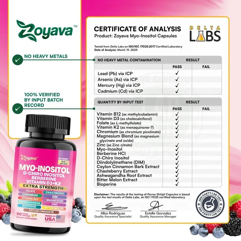 Zoyava Myo-Inositol D-Chiro Inositol Berberine D3+K2 90 Caps Exp 2027+