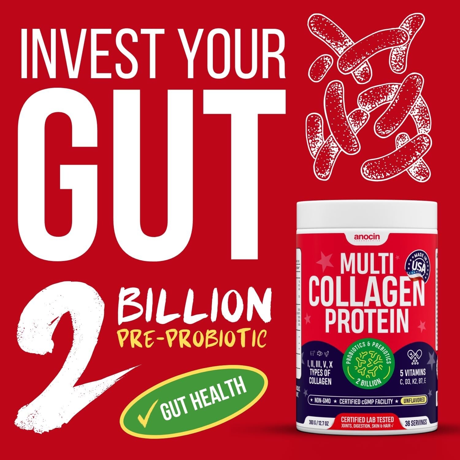 Multi Collagen Peptides with Probiotics + Type I, II, III, V, X + Hydrolyzed Col