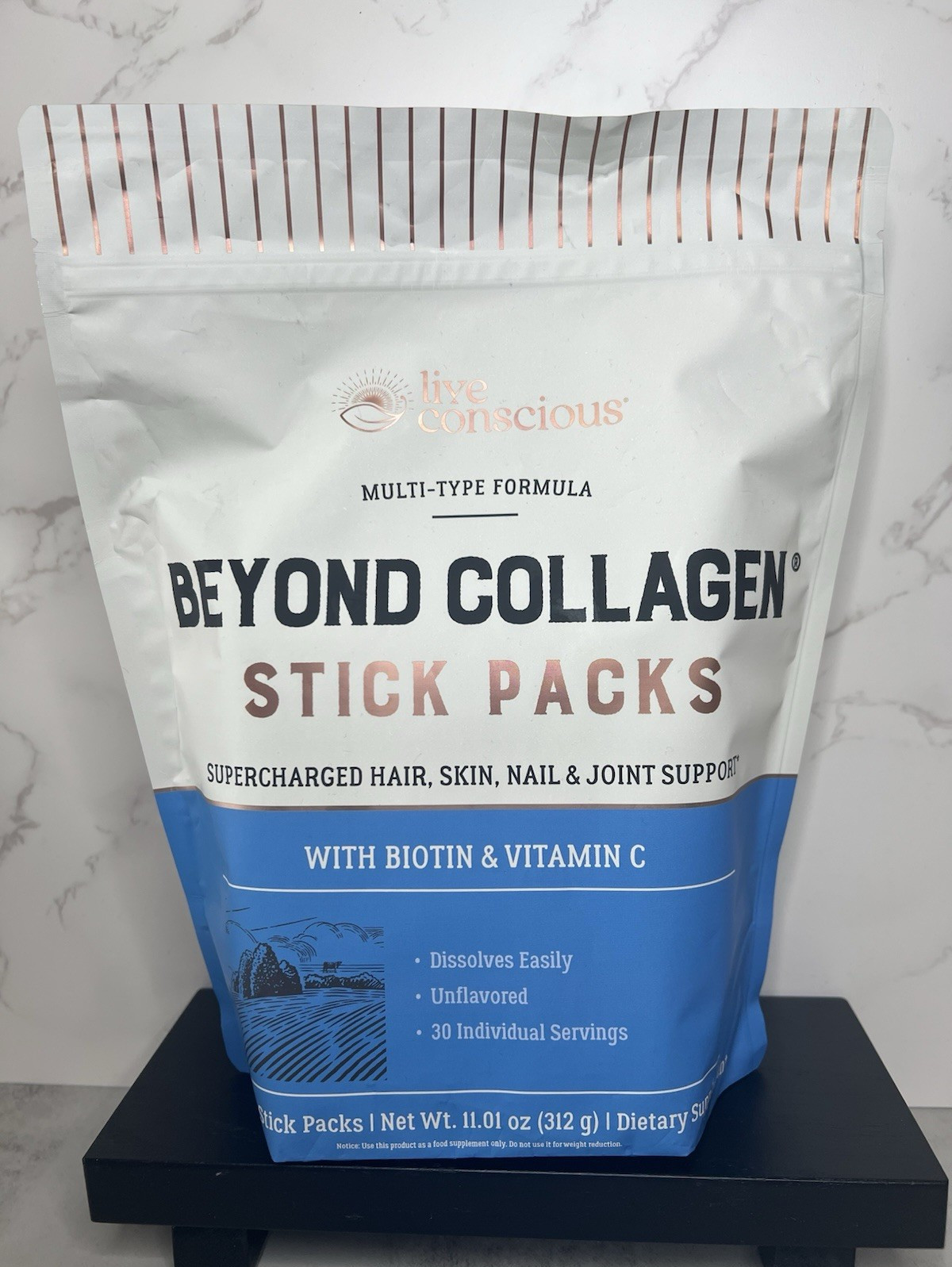 Live Conscious Beyond Collagen Unflavored Sticks Biotin Vit C 30 Exp 03/2028