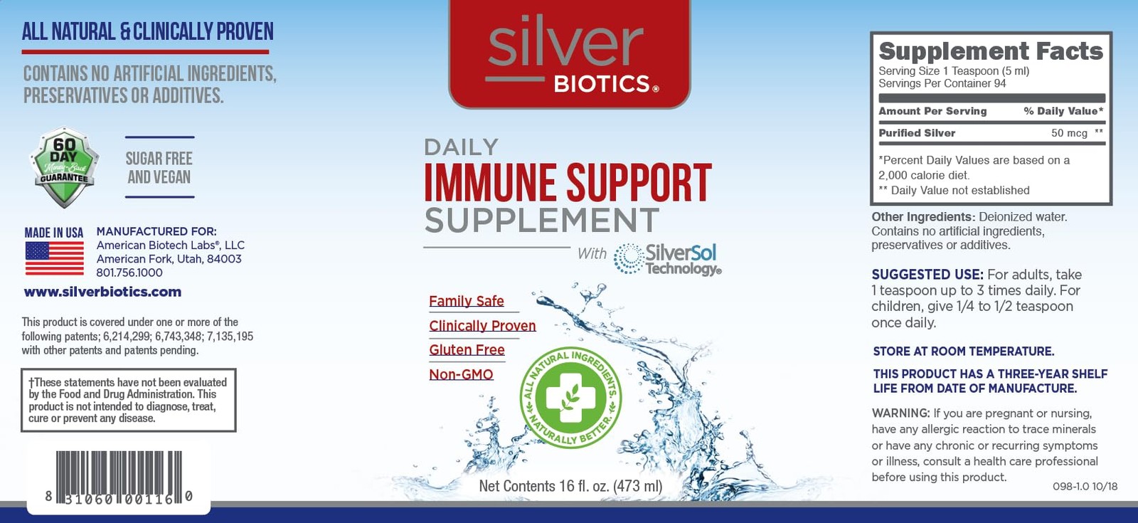 Silver Biotics SilverSol Technology Ag₄O₄ 10 PPM, 16 Fl 16 Oz (Pack of 1)