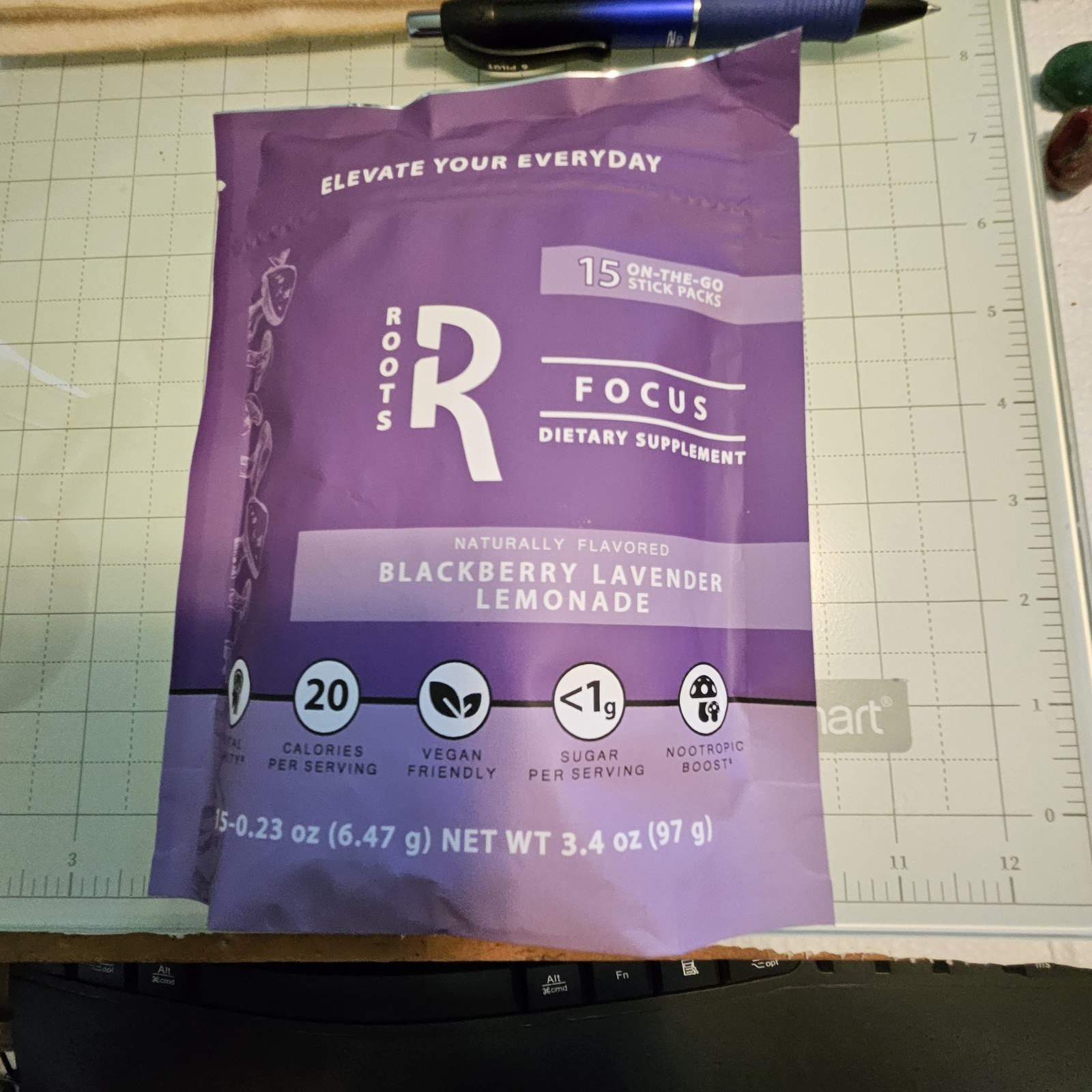 Roots Focus Nootropic Powder Blackberry Lavender Lemonade Vegan 15 Stick Packs