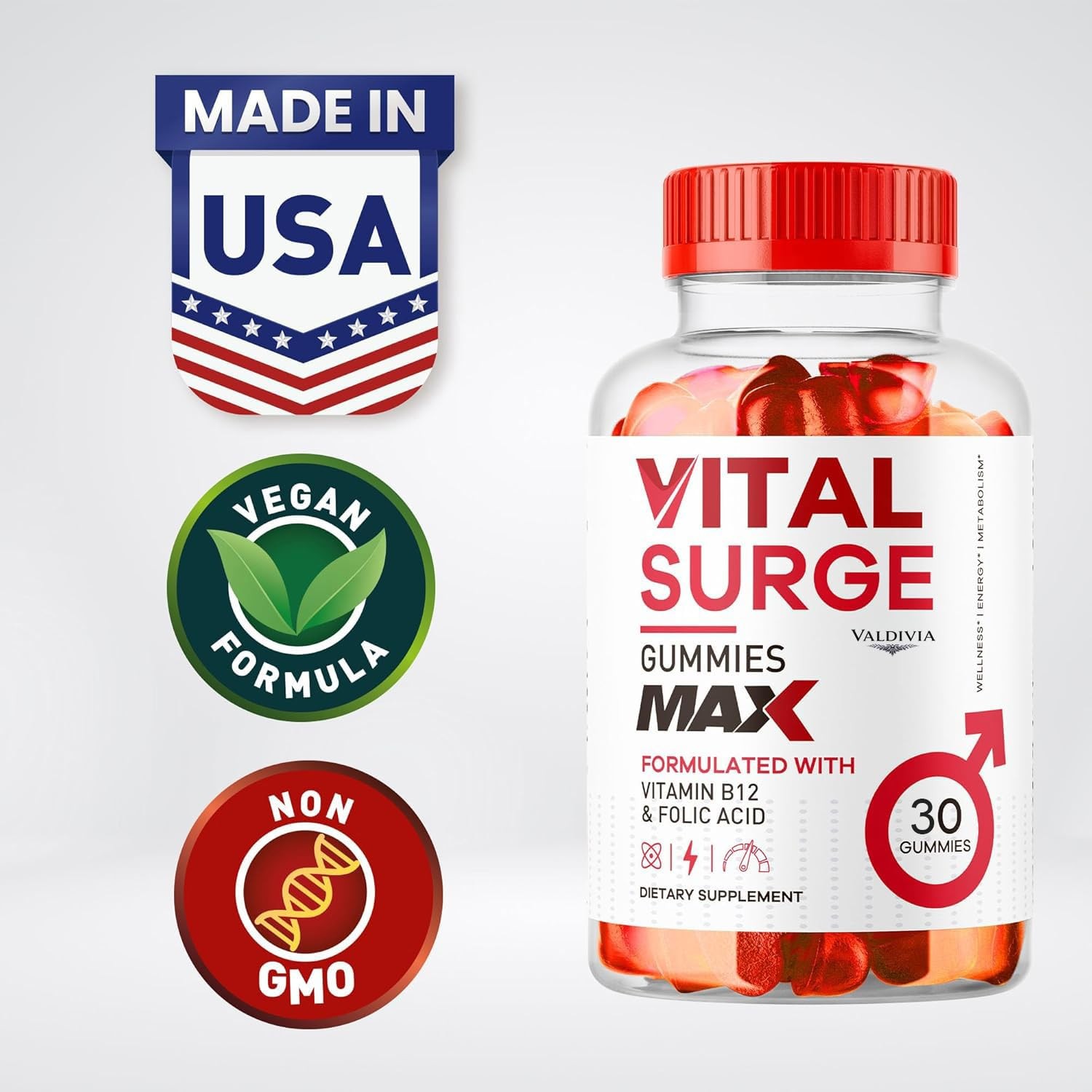 Valdivia Vital Surge MAX 30 Gummies Men’s Health Supplement Made in USA Male