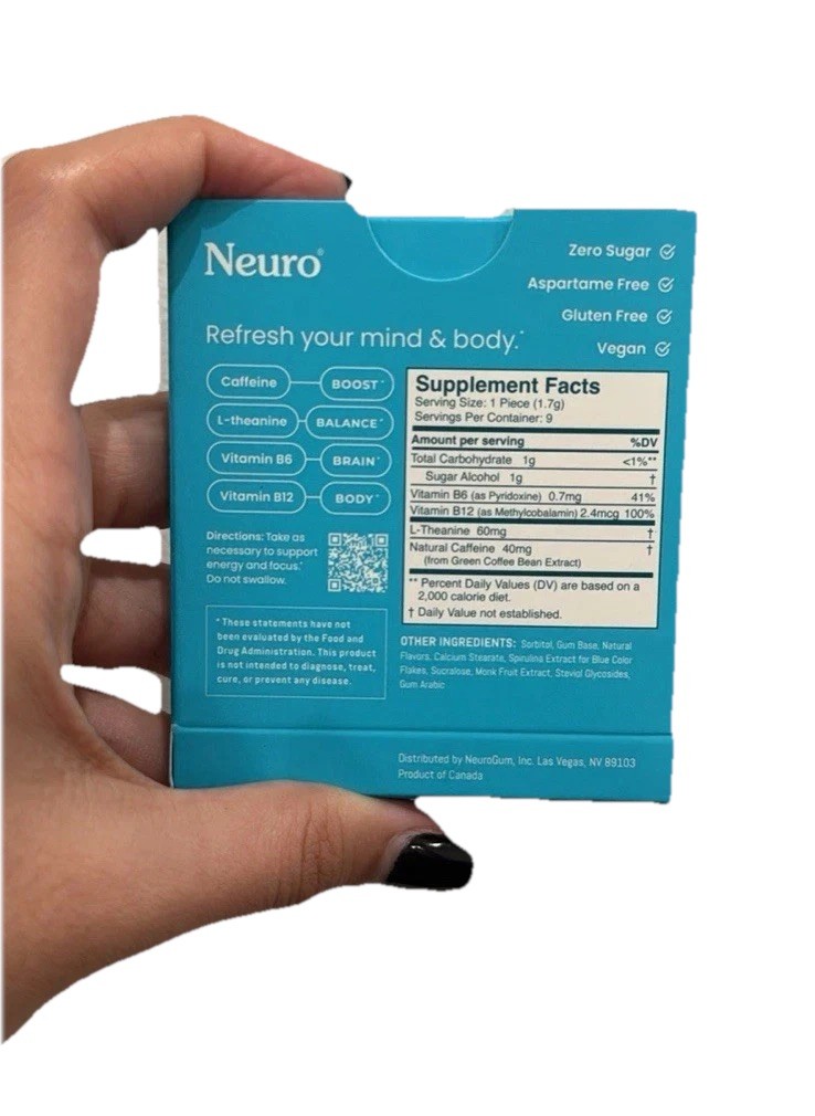 Neuro Energy & Focus Gum – Peppermint Flavor – 9 Pieces – New Sealed